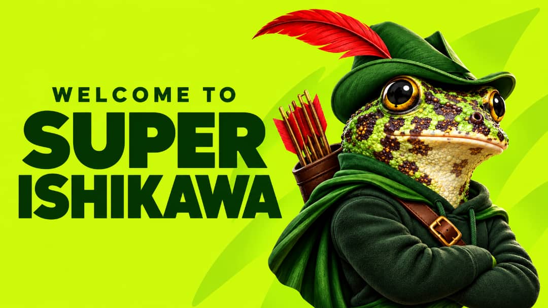 Welcome to Super Ishikawa — a frog in a green Robin Hood hat with a red feather